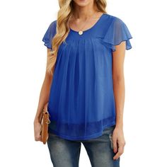 JWD Women's Slim Short Sleeve Shirt Blouse Double Layers Mesh Pleated Shirts Summer Trendy Casual Tops Color: Blue.  Gender: female.  Age Group: adult. Non-stretch Solid Color Tops For Summer, Non-stretch Short Sleeve Tops For Summer, Casual Solid Color Short Sleeve Top For Summer, Spring Short Sleeve Non-stretch T-shirt, Blue Non-stretch Short Sleeve Top, Sheer Short Sleeve T-shirt, Summer Fitted Chiffon Top, Non-stretch Summer Tops, Fitted Chiffon Top For Summer