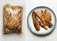 two pictures side by side one with chicken and the other with seasoning on it