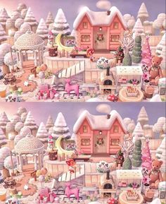 two pictures of a pink house with snow on the roof and trees in the background