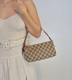 Gucci GG Beige/brown Canvas Mini Pochette Jacqard x Leather handbag. Comes in a great condition, with very little signs of patina. Leather strap has some scratches and signs of wear. Hardware looks great, zipper works well. Interior new Measurements: Height: 12 cmWidth: 20 cmDepth: 10 cmStrap: 15 cm Recommendation: Use Carbon Pro Protector or Leather cream to water proof the leather and protect it from dirt. Vintage Bag, Brown Canvas, Bag Style, Vuitton Bag, Nylon Bag, Exclusive Bag, Casual Backpack, Beige Brown, Water Proof