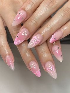 pink almond aura nails with pearls and 3d art sparkle design bow design with gems Cute Almond Nails, Cute Pink Nails, Cute Gel Nails, Sparkle Nails