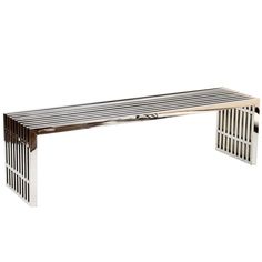 a metal bench that is on top of a white surface and has bars attached to it