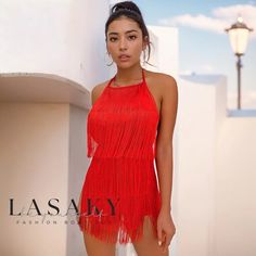 Lasaky - Fringe Sleeveless Halter Neck Backless Party Romper Red Tank Top For Summer Parties, Elegant Backless Tank Top For Summer, Chic Fringe Tank Top For Summer, Red Tank Top For Summer Clubbing, Red Summer Tank Top For Club, Strapless Halter Top For Summer Clubbing, Flirty Tank Top For Summer Nights Out, Fitted Halter Top For Party, Glamorous Sleeveless Tank Top For Club