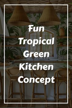 Tropical-themed kitchen with wicker bar stools and leafy wallpaper.