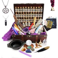 PRICES MAY VARY. Inside this witchcraft supplies kit you will find 90 witchcraft items, an apothecary kit of 40 Wiccan herbs inside lovely 10ml. corked jars, a set of crystals for witchcraft such as: Obsidian, Amethyst, Rose Quartz, Quartz Point, Citrine, Aventurine, Sodalite and Selenite, an iron-cast cauldron for witchcraft, Witches Black Salt, 10 spell kit candles, and other witchcraft stuff. All the witch supplies inside with witchcraft kit box have been hand-selected and hand-packed with ca Alter Supplies, Spell Supplies, Witches Black Salt, Witchcraft Kit, Herbs Witch, Wiccan Supplies, Witchcraft Practice, Herbs Witchcraft, Apothecary Herbs