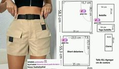 a woman wearing shorts with her measurements and measurements on the side, showing how to measure it