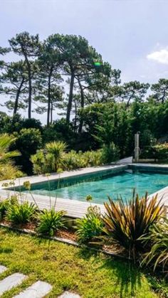 an empty swimming pool surrounded by trees and grass in the middle of a garden area