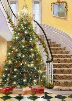 a painting of a decorated christmas tree in the middle of a room with staircases