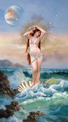 a painting of a woman standing on top of a rock in the ocean with her hands behind her head