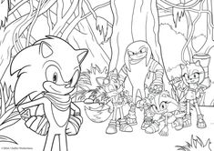 an adult coloring page with several cartoon characters in the background and one is holding a plant