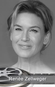 a black and white photo of a smiling woman holding a movie reel with the words renee zellweger on it