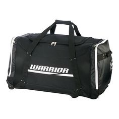 a black duffel bag with the word warrior on it's front and side