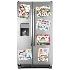 a silver refrigerator with magnets and pictures on the front, along with post - it notes