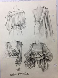 three different types of dresses drawn in pencil