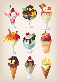 ice cream sundaes with different flavors and toppings