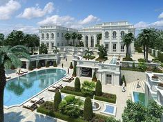 an artist's rendering of a mansion with a swimming pool