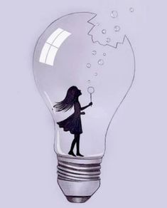 a drawing of a girl holding a light bulb with bubbles coming out of the top