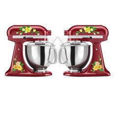 two red mixers with flowers painted on the side and one has a metal bowl