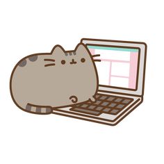 a cartoon cat laying on top of a laptop computer with it's head resting on the keyboard