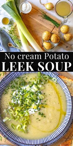 no cream potato leek soup in a blue and white bowl