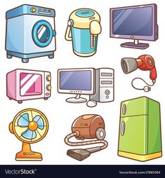 various household appliances are shown on a white background