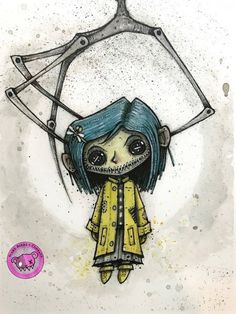 a drawing of a girl with scissors on her head and hair in the shape of a skeleton