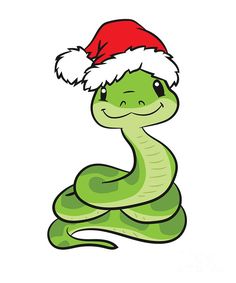 a green snake wearing a santa hat on top of it's head and sitting down