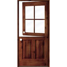 a wooden door with a glass window on the top and bottom panel, in front of a white background