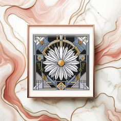 an art deco print with a white flower in the center on a marble wall background