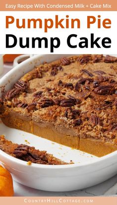 pumpkin pie dump cake in a white baking dish