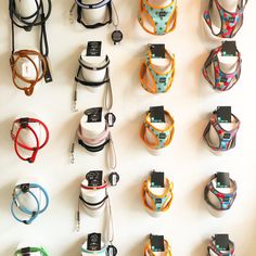 many different types of dog collars hanging on a wall