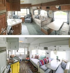 before and after photos of an rv living room with couches, kitchenette, dining table