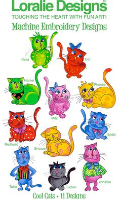 a bunch of cats that are all different colors and sizes, with names on them