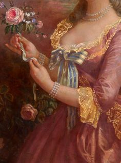 a painting of a woman in a pink dress holding a bouquet of flowers and wearing pearls