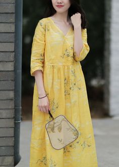 (1) DIY v neck tie waist linen summer dresses Work yellow print Dresses – SooLinen Linen Summer Dresses, Yellow Cotton Maxi Dress With V-neck, Yellow Cotton V-neck Dress, Casual Yellow Floral V-neck Dress, Yellow Cotton V-neck Sundress, V-neck Lemon Print Summer Dress, Summer Work Dresses, Dresses Materials, Dresses Work