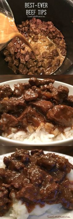 two plates filled with beef and rice covered in gravy