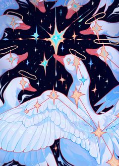 two white birds with stars in the background