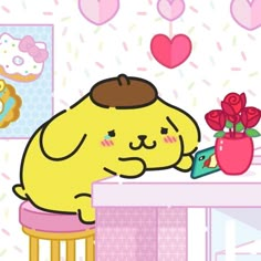 a cartoon character is sitting at a table with flowers in front of him and holding a cell phone up to his ear