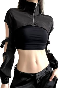 Introducing the High Neck Extreme Crop Top Techwear Jacket for Women! Elevate your style with this cutting-edge piece that seamlessly fuses fashion and function. Crafted with a blend of high-quality cotton and polyester materials, this black jacket is a must-have for techwear enthusiasts and those who embrace the urbancore aesthetic. Free shipping in the US and worldwide. S - Chest: 91 cm (35.83 inches); Length: 26 cm (10.24 inches); M - Chest: 95 cm (37.40 inches); Length: 27 cm (10.63 inches); L - Chest: 99 cm (38.98 inches); Length: 28 cm (11.02 inches); Unmatched Style: Embrace the future of fashion with this extreme crop top jacket that's perfect for techwear, modern streetwear, and TikTok-inspired clothing trends. Exceptional Comfort: Made from high-quality cotton and polyester, this Turtleneck Streetwear, Streetwear Fashion Black, Styl Grunge, Clothes To Draw, Moda Grunge, Techwear Jacket, Gothic Mode, The Cardigans, Techwear Fashion