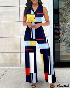 Color: dark blue, Size: L(10-12) Dresses With High Neck, High Waist Jumpsuit, Look Casual Chic, Jumpsuit Elegant, Dress Sleeve Styles, Chic Type, Ladies Dresses, Printed Long Dresses, Red Dark