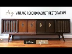 a vintage record cabinet restoration before and after with vinyl lettering on the wall behind it