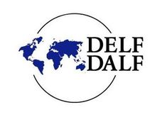 the delf dalf logo is shown in black and blue on a white background