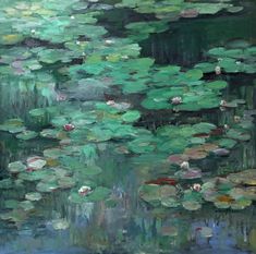 an oil painting of water lilies on a pond