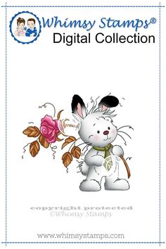 a cross stitch pattern with a white bunny holding a pink rose and the words whimsy stamps on it