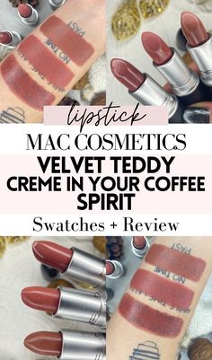 MAC Spirit vs Velvet Teddy vs Creme in Your Coffee Swatches Mac Spirit Lipstick, Lip Liner Drugstore, Popular Mac Lipsticks, Whirl Lip Liner, Olive Skin Lipstick, Coffee Lipstick, Best Lipstick Brand