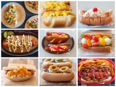 there are many different types of hotdogs on the table and in the pictures