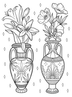 two vases with flowers in them sitting side by side on a diamond patterned surface