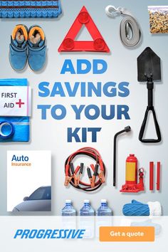 an ad for the auto service store with various items and tools on display in front of it