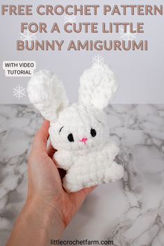 a hand holding a white crochet bunny amigurm with text overlay reading free crochet pattern for a cute little bunny amigurmi