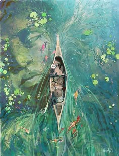 a painting of a person in a canoe floating on water with lily pads and koi fish